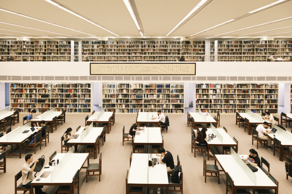 Bookshelves in a library